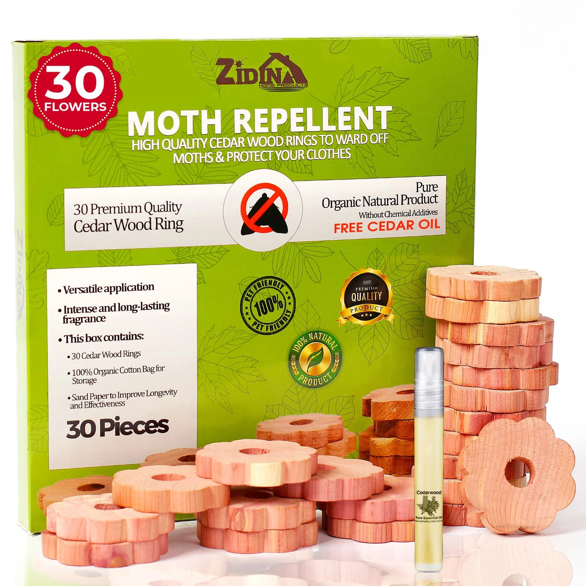 Zidina Moth Repellent for Wardrobes | 30x 100% Natural Cedar Wood Rings with Free 4.5ml Organic Cedar Oil | Wardrobe Fresheners | Includes Organic Fabric Bag & Sandpaper