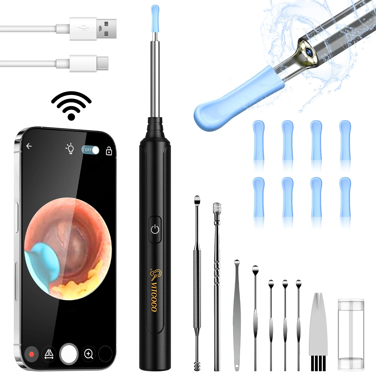VITCOCO Ear Wax Removal Kit Ear Camera 1296P High-Definition Earwax Cleaner Portable USB Charging Visible 6 LED Otoscope for iPhone, Ipad, Android