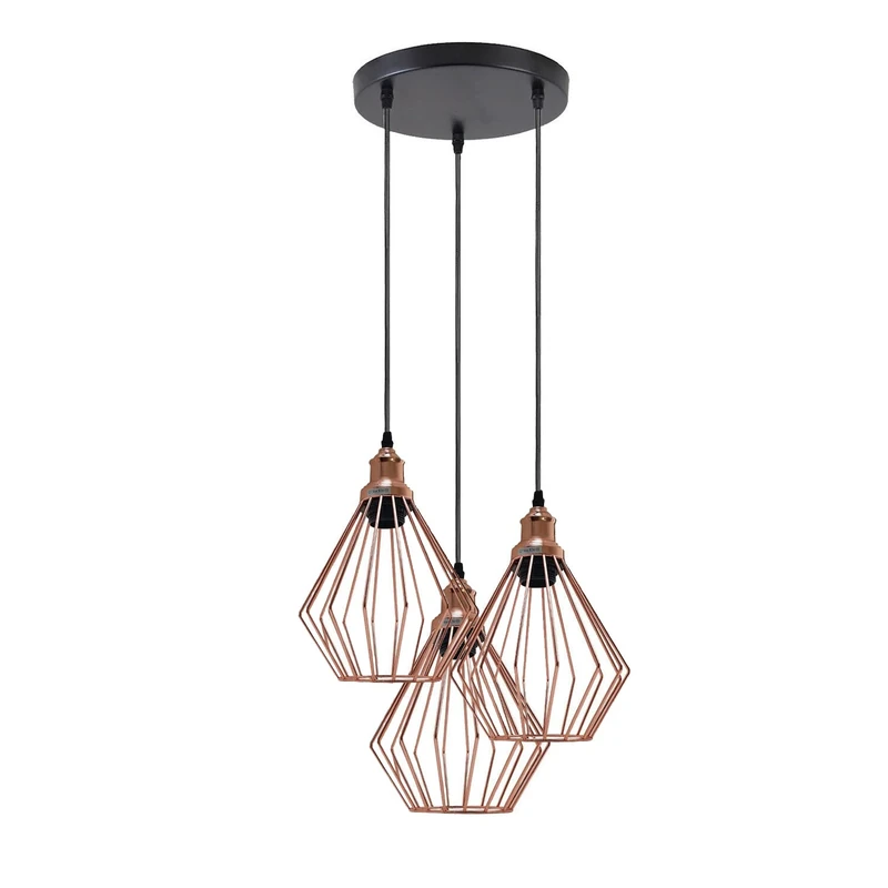 LEDSone 3 Lights Vintage Pendant Light, E27 Rose Gold 20cm Geometric Cage Style Wire Lampshade Industrial Kitchen Lights Ceiling Pendant Lights Ideal for Bedroom Living Dining Room Hallway