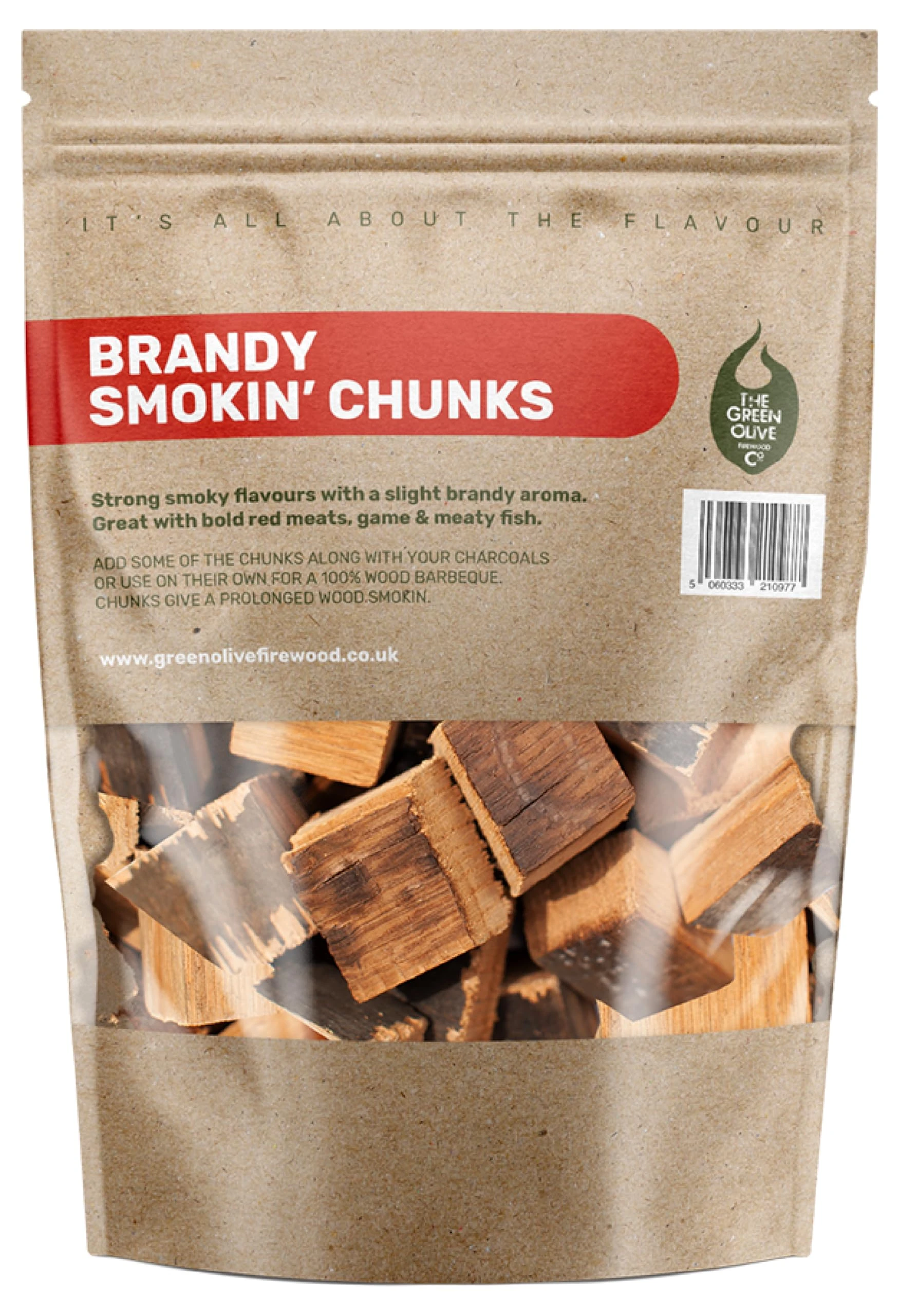 Green Olive Firewood - Wood Chunks for smoking, 5L - bbq wood chunks Ideal for use In BBQ's or Smokers - Flavoured large smoking chips, for smoking meat, fish and even vegetables - Brandy