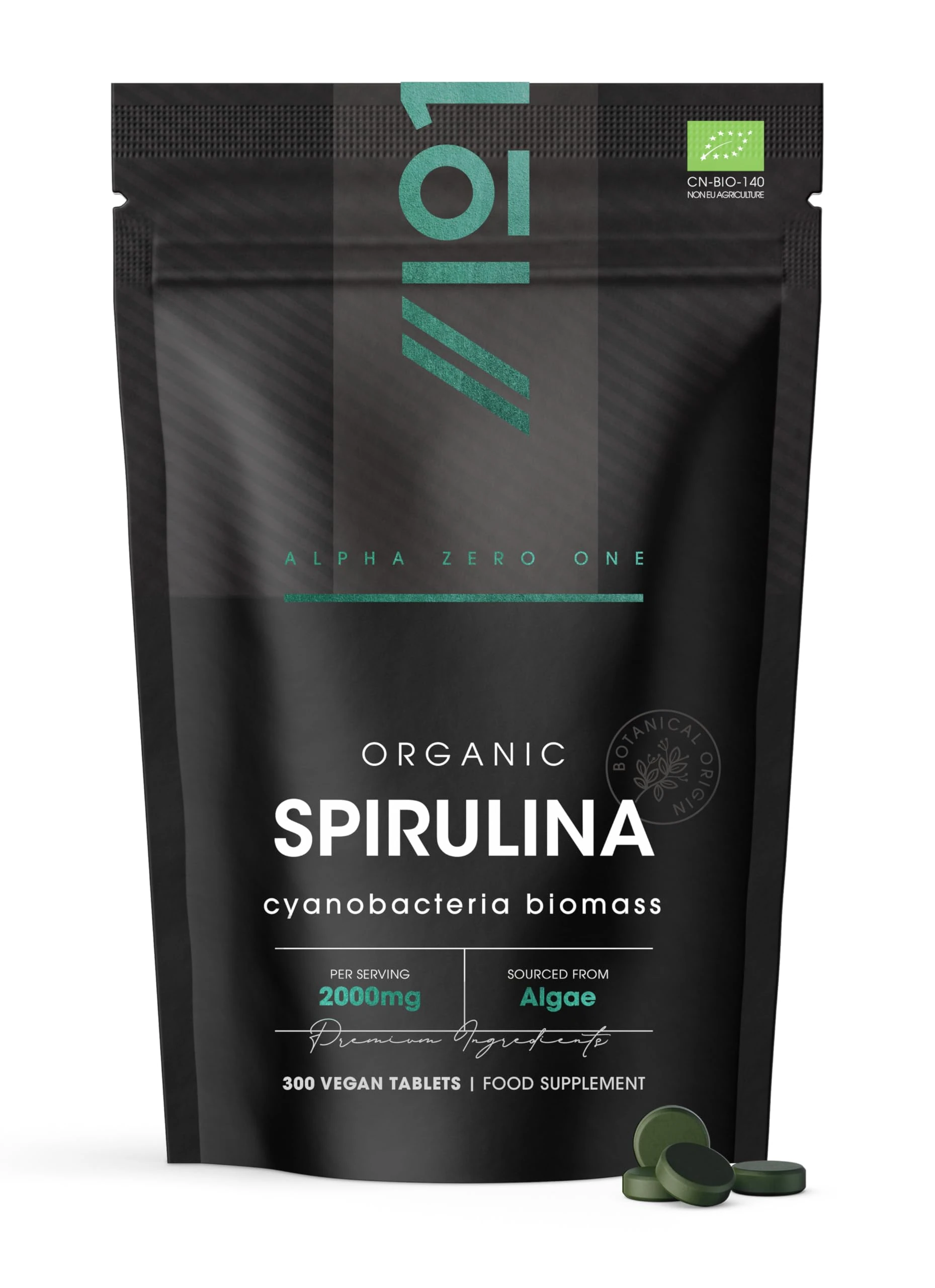 Organic Spirulina 2000mg – 300 Vegan Tablets - Cold Pressed with No Additives – Resealable and Recyclable Pouch by Alpha01