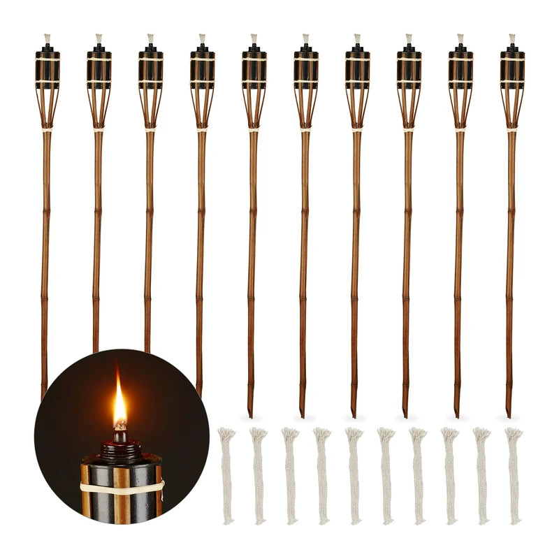 Relaxdays garden torches, pack of 10, bamboo oil lanterns, outdoor lights, with replacement wicks, 90 cm high, brown