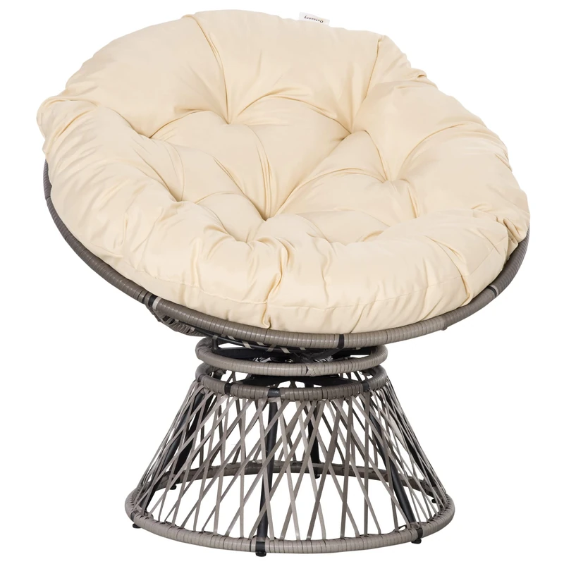 Outsunny 360° Swivel Rattan Moon Bowl Chair Round Lounge Garden Wicker Basket Seat with Padded Cushion Oversized for Outdoor Indoor, Beige - Image 1