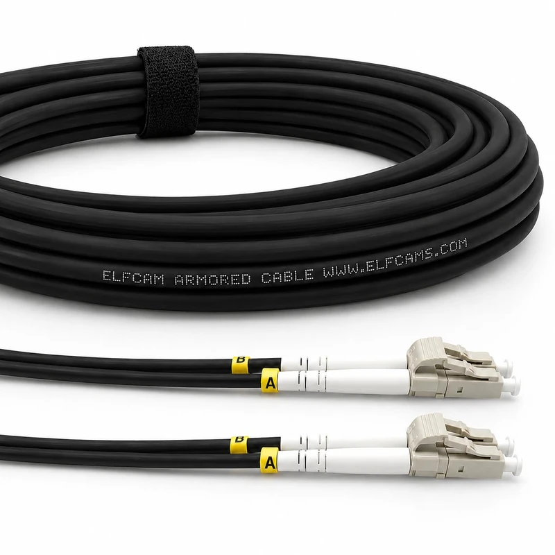 Elfcam® Fibre Optic Cable in Reinforced Steel for Outdoor and Indoor use, LC/UPC to LC/UPC, OM3, Multimode Duplex, 50/125um, Black, (200 M). - Image 1