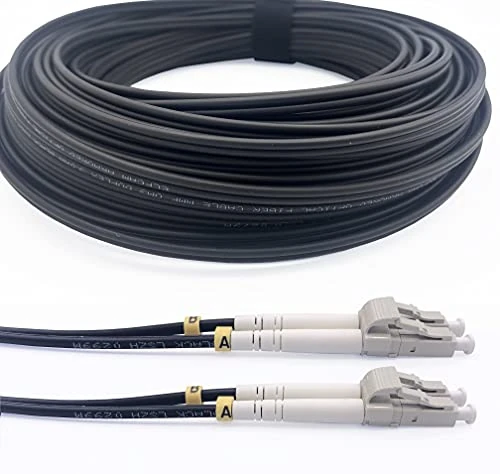 Elfcam® Fibre Optic Cable in Reinforced Steel for Outdoor and Indoor use, LC/UPC to LC/UPC, OM3, Multimode Duplex, 50/125um, Black, (150 M).