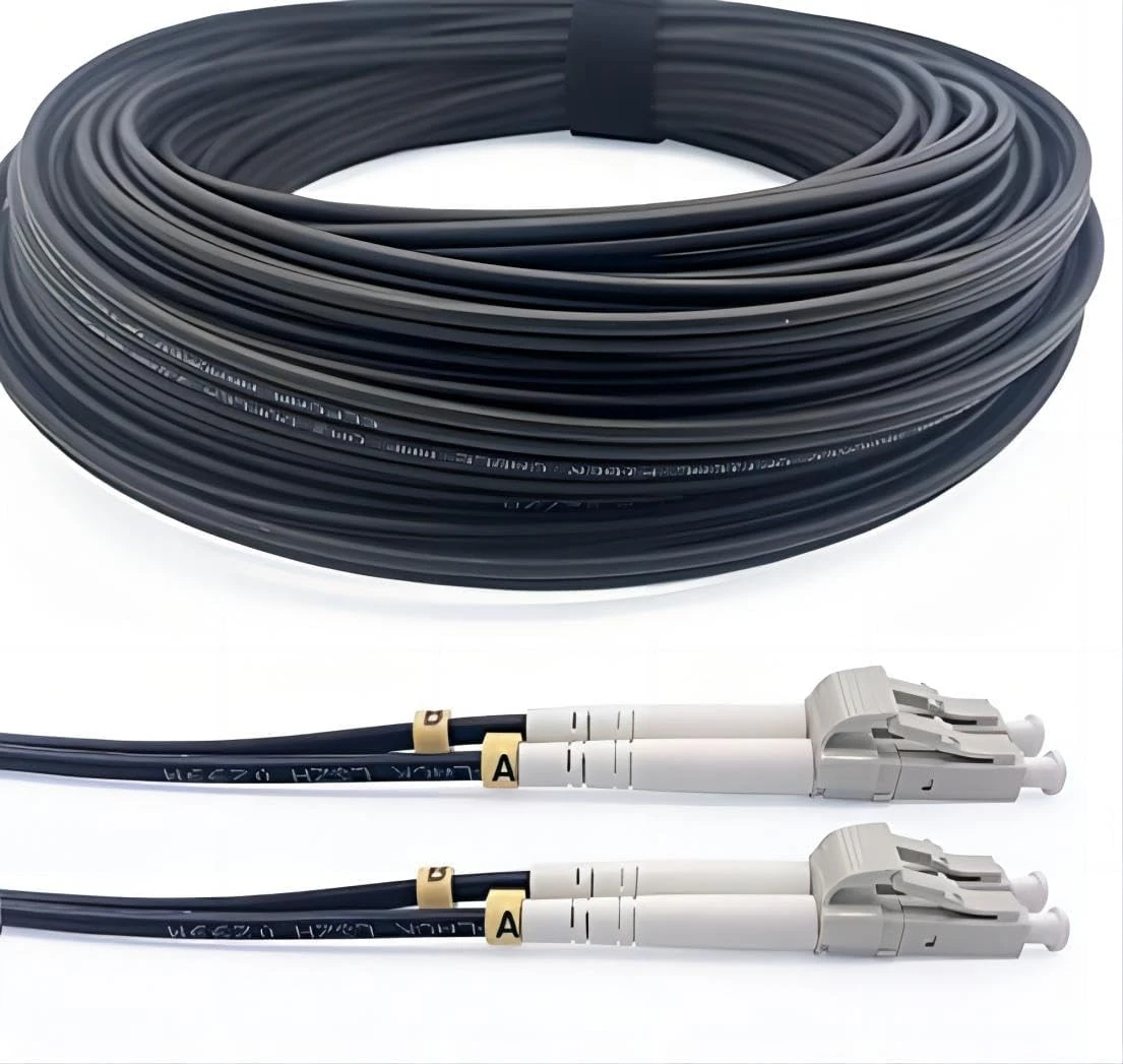 Elfcam® - Fibre Optic Cable in Reinforced Steel for Outdoor and Indoor use, LC/UPC to LC/UPC, OM3, Multimode Duplex, 50/125um, Black, (100 M).