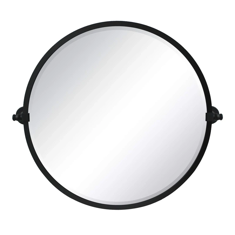 TEHOME 26'' Circle Pivot Bathroom Mirror in Matt Black Metal Frame Round Tilting Beveled Vanity Mirrors for Wall