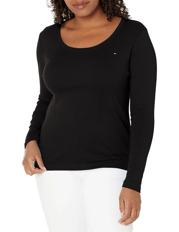 Tommy Hilfiger Women's Long Sleeve Scoop Neck Tee, Black, XS