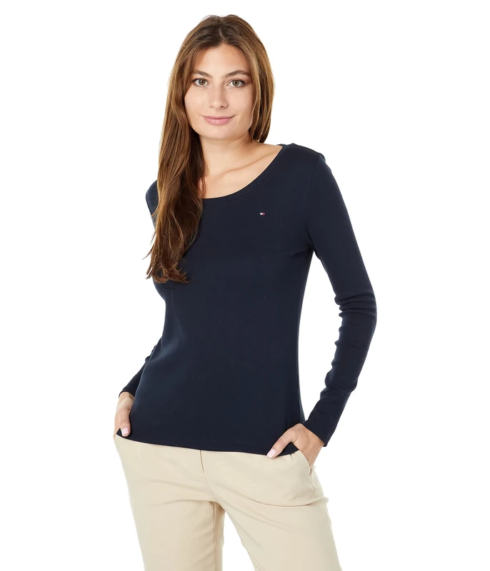Tommy Hilfiger Women's Long Sleeve Scoop Neck Tee, Sky Captain, XS
