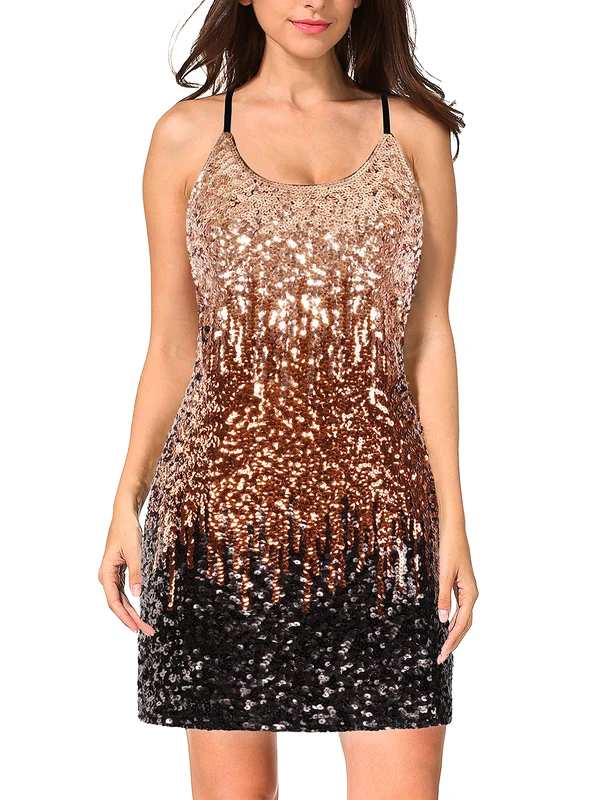MANER Women's Glitter Sequin Dress Adjustable Spaghetti Strap Sparkle Party Dresses, Light Brown/Coffee/Black, X-Large