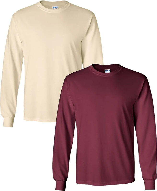 Gildan Men's Ultra Cotton Long Sleeve T-Shirt, Style G2400, 2-Pack, Natural-maroon(2 Pack), XL