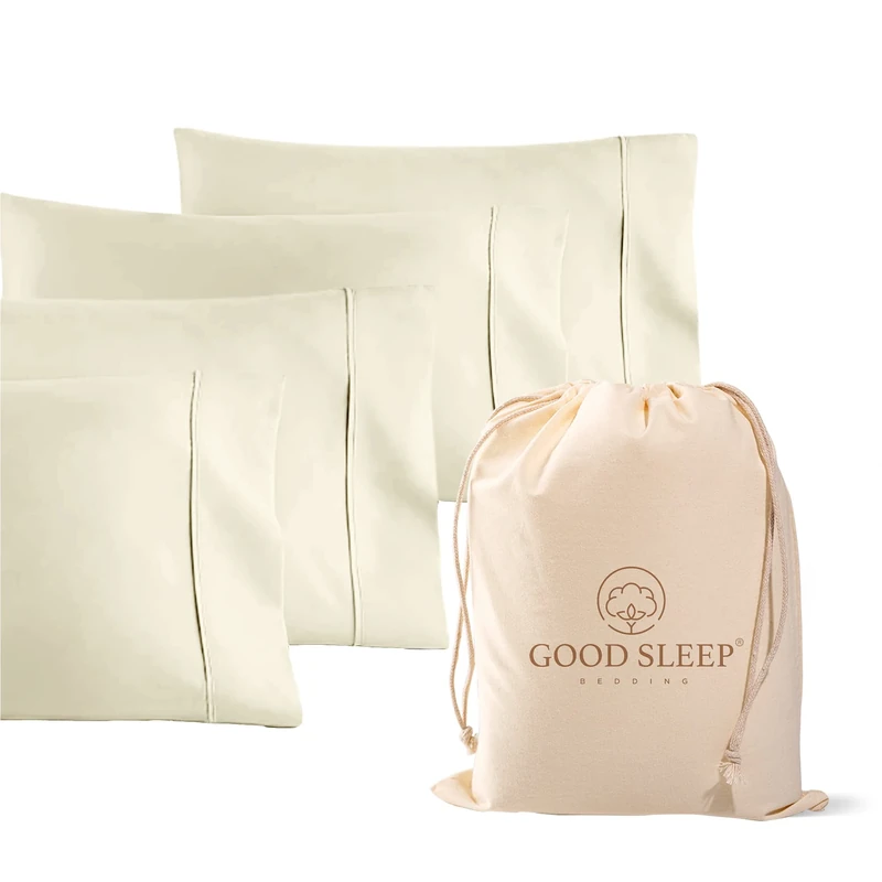 Good Sleep Bedding 1000 Thread Count 100% Egyptian Pillow Cases, Long-Staple 100% Cotton, Sateen Weave 4 Piece Queen/Standard Ivory