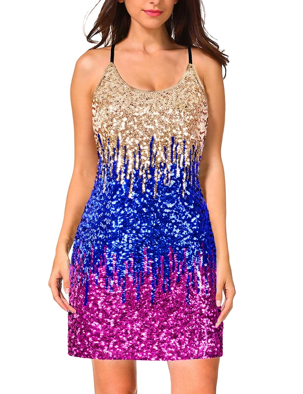 Maner Women's Glitter Sequin Dress Adjustable Spaghetti Strap Sparkle Party Dresses, Gold/Royal Blue/Purple, Small