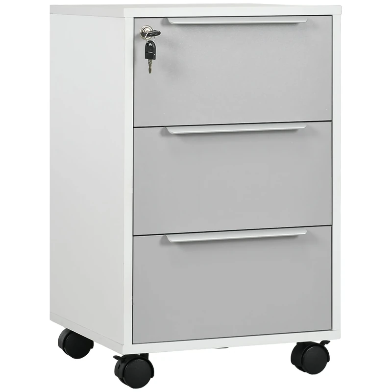 HOMCOM 3-Drawer Lockable Filing Cabinet, File Cabinet on Wheels, Mobile Office Storage Drawers for Home Office, Bedroom and Living Room, White and Grey