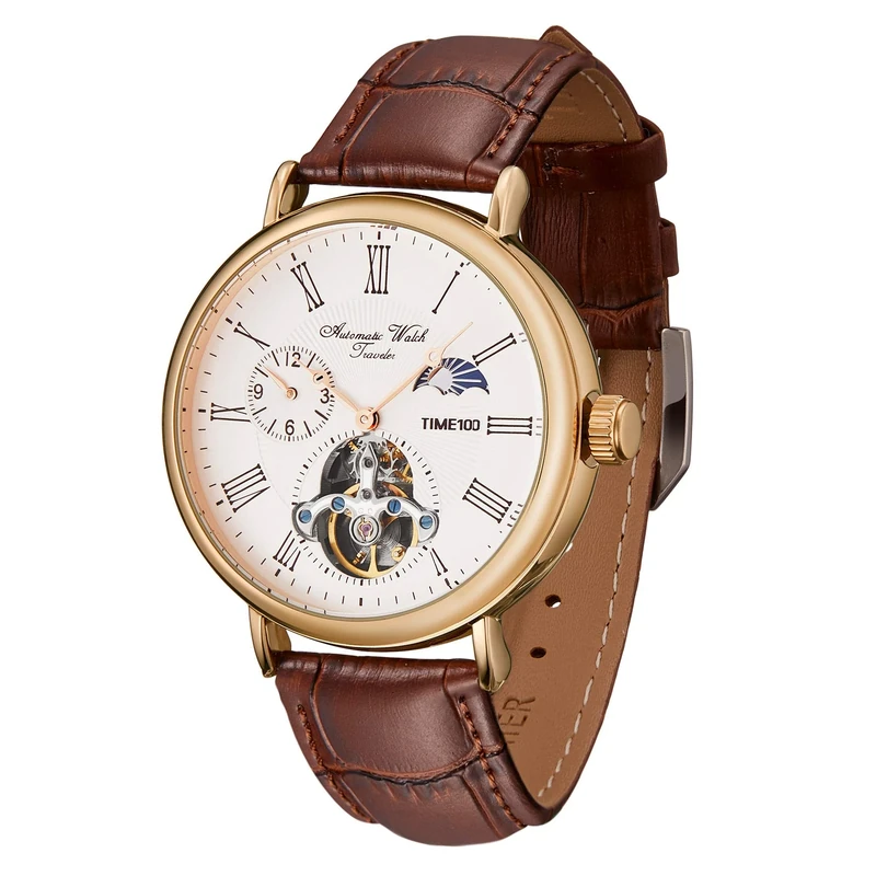 TIME100 Men's Automatic Mechanical Watch Navigator-Series Tourbillon-Style Dual Time Zone Business Calendar Leather Strap(Brown)