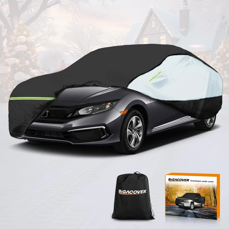 Sedan Full Car Cover All Weather Soft Cotton Lining Protection Windproof Compatible with Toyota Corolla/Honda Civic/Nissan Sentra/Ford Focus/Chevy Cruze (Black and Silver), Up to 193''(L)