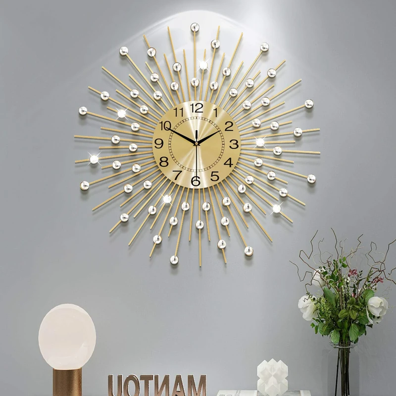 YIJIDECOR Large Wall Clocks for Living Room Decor Big Silent Wall Clock Battery Operated Non-Ticking for Bedroom Kitchen Home Decorative 24 Inches Gold Round Crystal Metal Wall Watch for Office Indoor