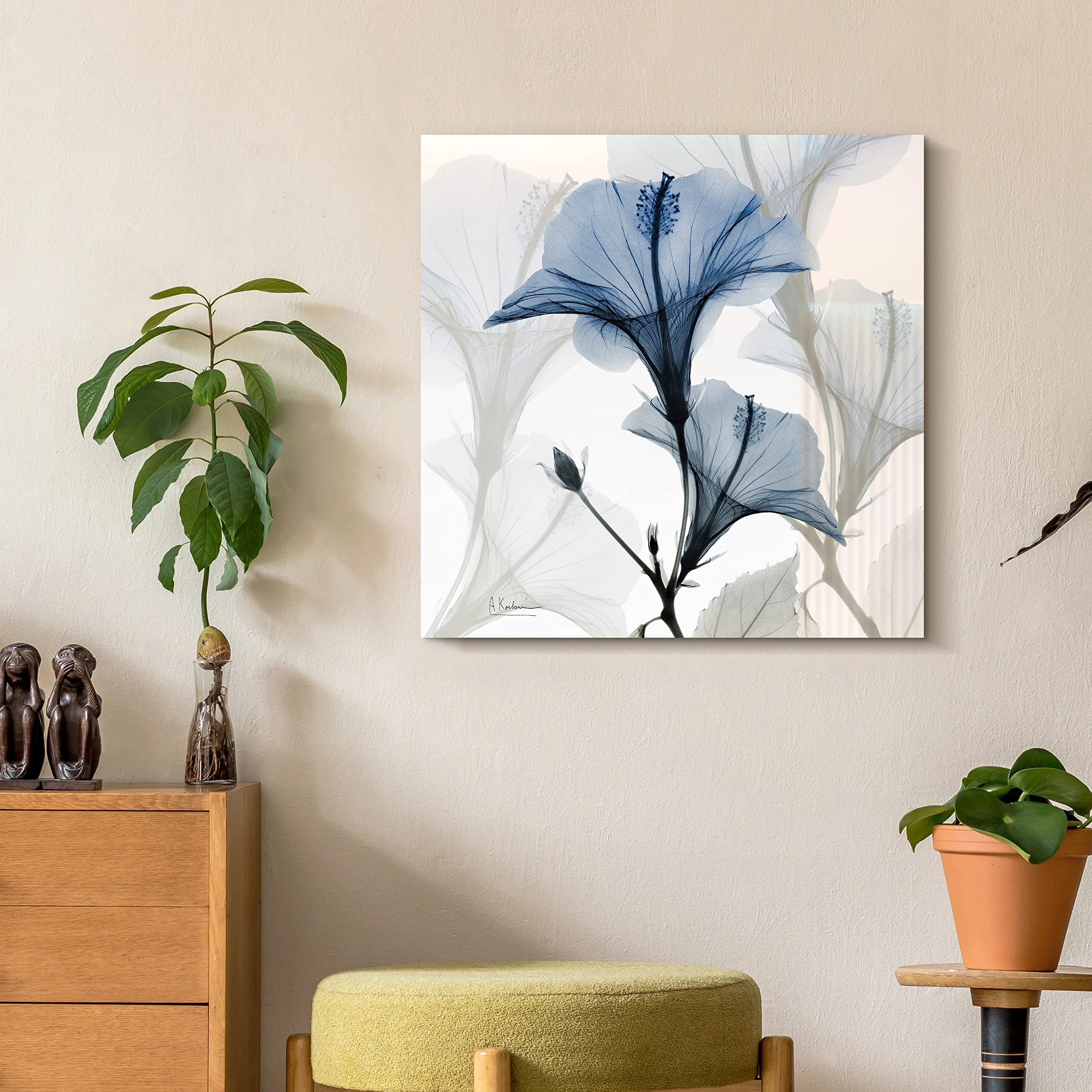 Empire Art Direct Blue Xray Floral Flower Wall Art Frameless Free Floating Tempered Glass Panel Graphic, Ready to Hang, Living Room, Bedroom & Office, 24" x 24" x 0.2",Blue, White, Multi-Color