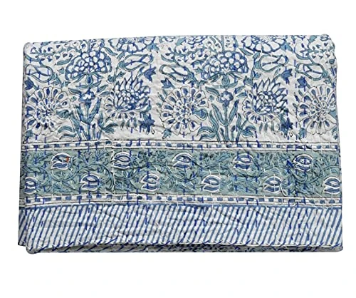 Yuvancrafts Indian Hand Block Print Kantha Quilt Cotton Kantha Throw Blanket Indian Bedspread Kantha Bed Cover Queen Size Quilt (White, Queen 90 X 108 Inch) - Image 1