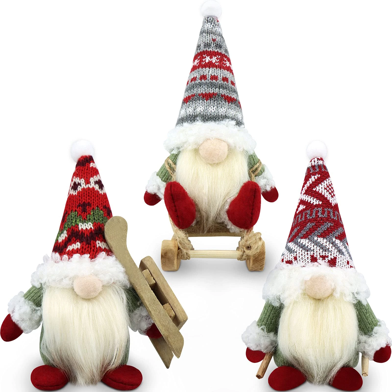 Gehydy Set of 3 Christmas Gonks Decorations Gnome with Sled Santa Handmade Scandinavian Tomte Xmas Decor for Home Kitchen Farmhouse