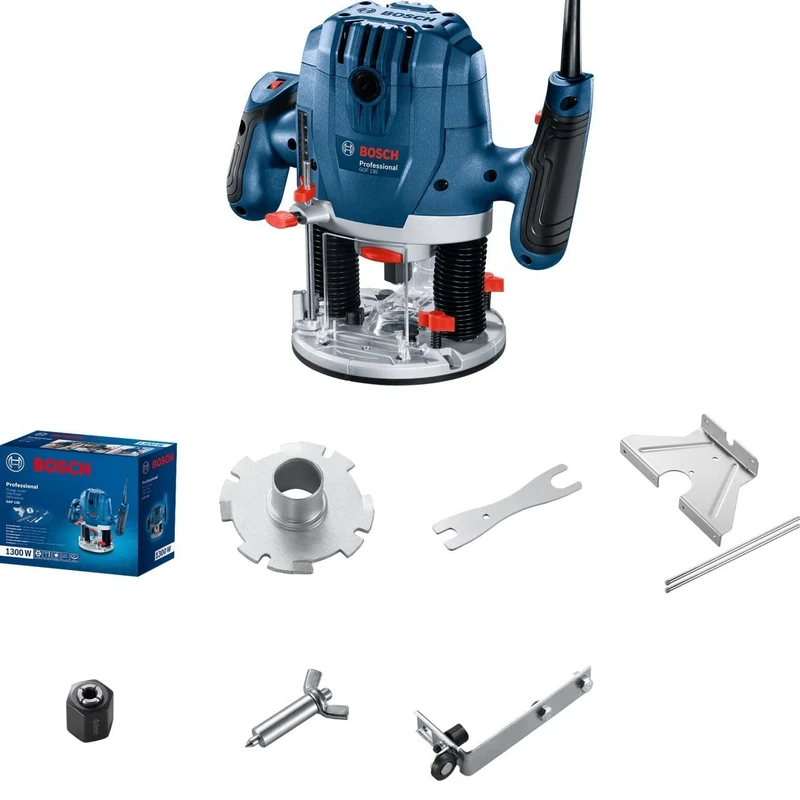 Bosch Professional: GOF 130 Spindle milling Machine (Parallel Guide, Copy pin, dust Suction Adapter, Centering Shank, Guide Roller, 2 Fixing Clamps)