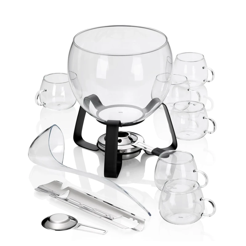 kela fire tongs punch set 11 pieces JUNTOS, punch set with 3.5 litre glass bowl, 6 glasses, sugar tongs, scoop, also suitable for summer punch & mulled wine