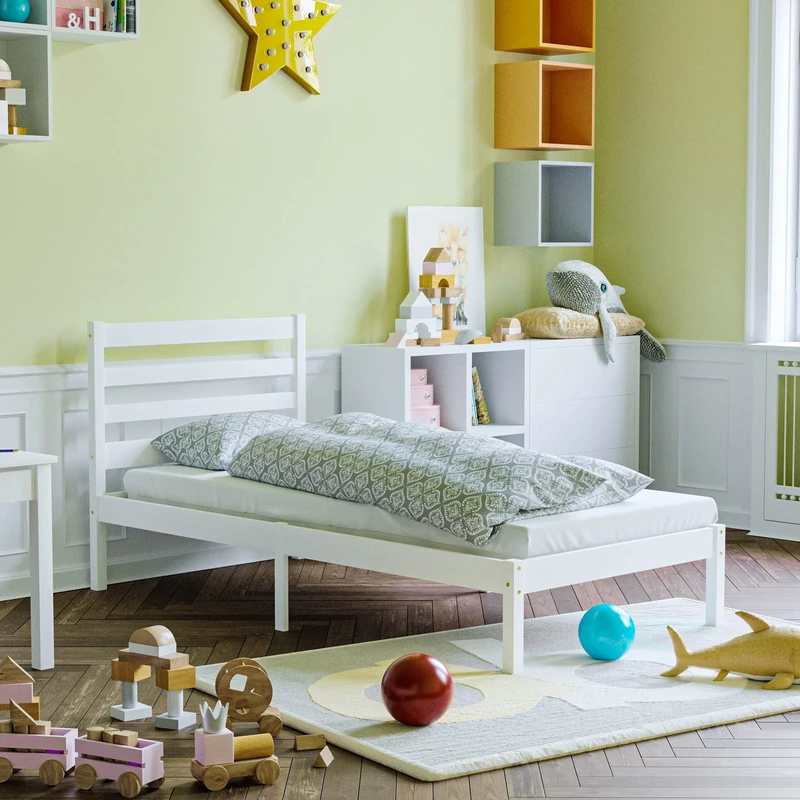 Junior Vida Libra Wooden Bed 3ft Single Solid Pine Wood Children Kids Junior Bed Frame (White)