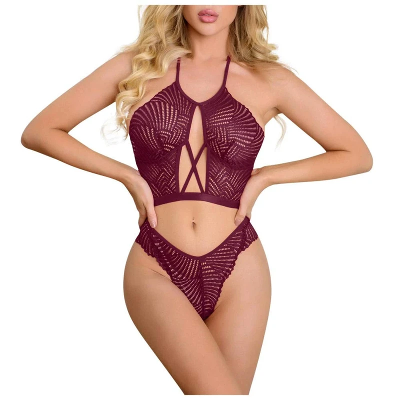 Women's Erotic Baby Dolls Transparent Lace Sexy Lingerie Women Deep V Neck Sleepwear Set-Wine_L