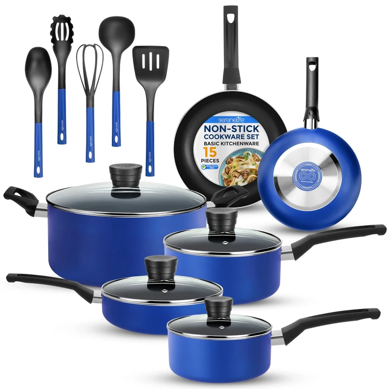 SereneLife Nonstick Pots and Pans 15-Piece, Non Stick Cookware with Black Coating, Heat-Resistant Lacquer, Stainless Steel Cooking Pan, Kitchen Cookwares, 20–26cm Sizes, Blue