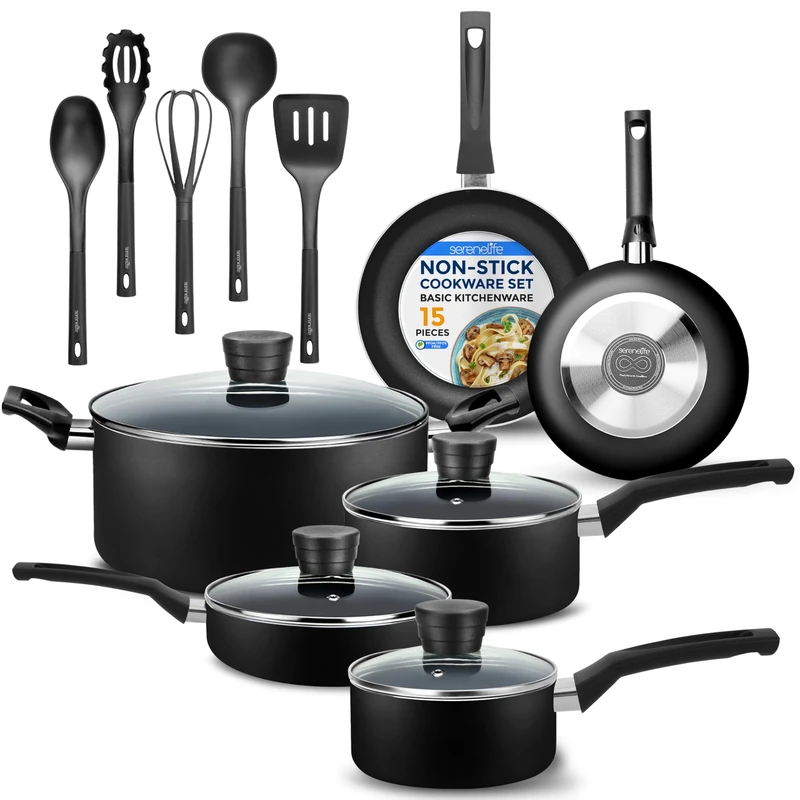 SereneLife Nonstick Pots and Pans 15-Piece, Non Stick Cookware with Black Coating, Heat-Resistant Lacquer, Stainless Steel Cooking Pan, Kitchen Cookwares, 20–26cm Sizes, Black