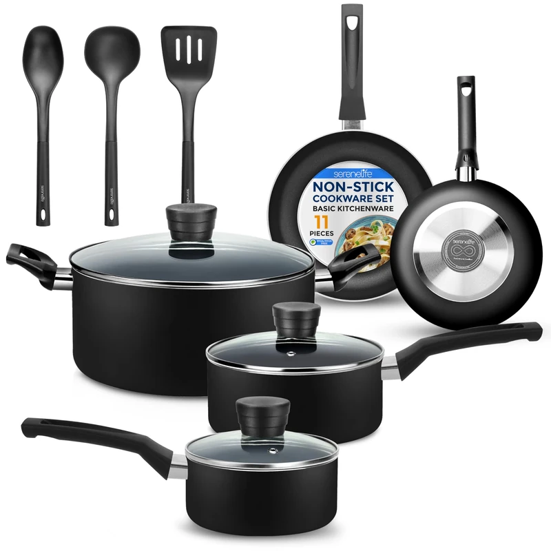 SereneLife Non Stick Pots and Pans 11-Piece, Nonstick Cookware for Cooking, Heat-Resistant Lacquer, Stainless Steel Base, Kitchen Pan Set, One Size, Black
