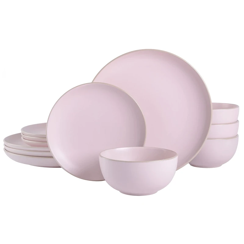 Gibson Home 131712.12R Rockaway Round Stoneware Dinnerware Set, Pink