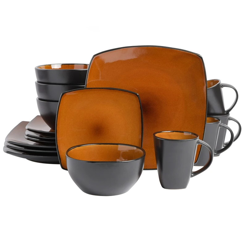 Gibson Soho Lounge Square Reactive Glaze Stoneware Dinnerware Set, Service for 4 (16pc), Amber
