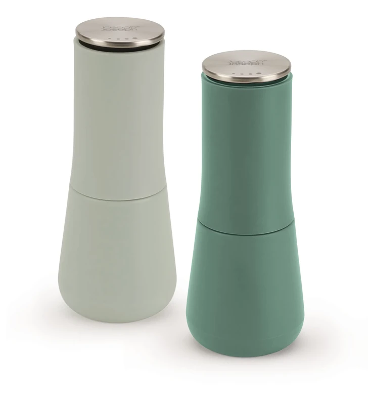 Joseph Joseph Milltop Non-Spill Salt and Pepper Mill Set Refillable with Ceramic Grinding, Sage Green, 8