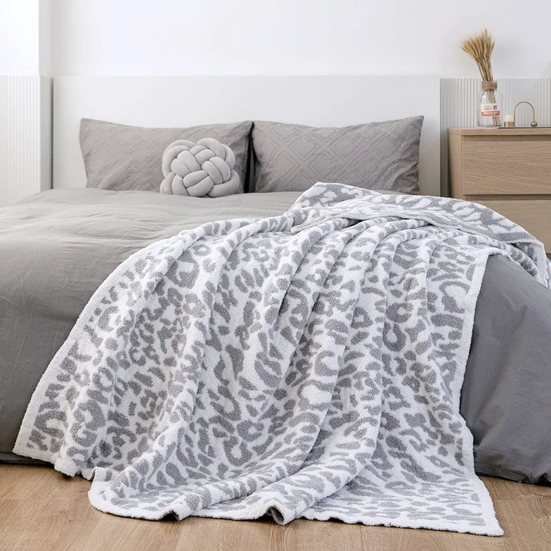 MH MYLUNE HOME Fleece Reversible Sofa Throw Blanket Fluffy Ultra-Soft Plush Microfiber Throws in Leopard Print 180x200 cm Cozy Warm Nap Blankets for Couch Chair Settees Bed (71"x78", White/Grey)