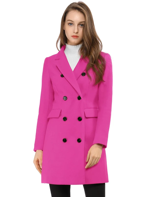 Allegra K Women's Winter Coat Elegant Notched Lapel Double Breasted Trench Coat, Fuchsia, L