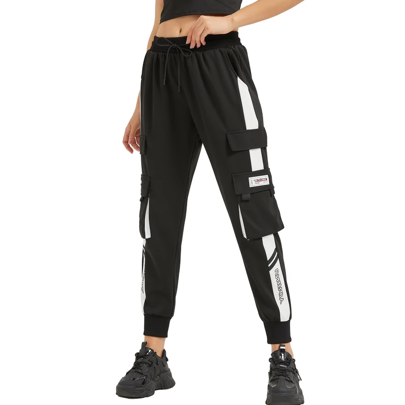 MEINVQIAOTI Black Cargo Pants for Women Straight Hip-hop and Thin Casual Techwear Women Baggy Pants, Black, XXL