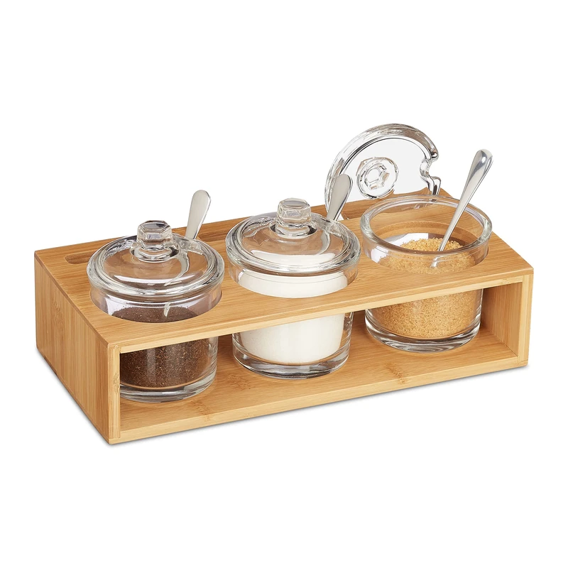 Relaxdays 3x Spice Jars, Bamboo Holder, Glass Bowl, Spoon & Lid, Salt Container, 11 x 27 x 13 cm, Natural/Transparent