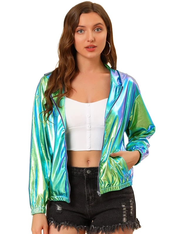 Allegra K Women's Holographic Party Shimmering Shiny Lightweight Zipper Hooded Metallic Jacket, Blue Green, M