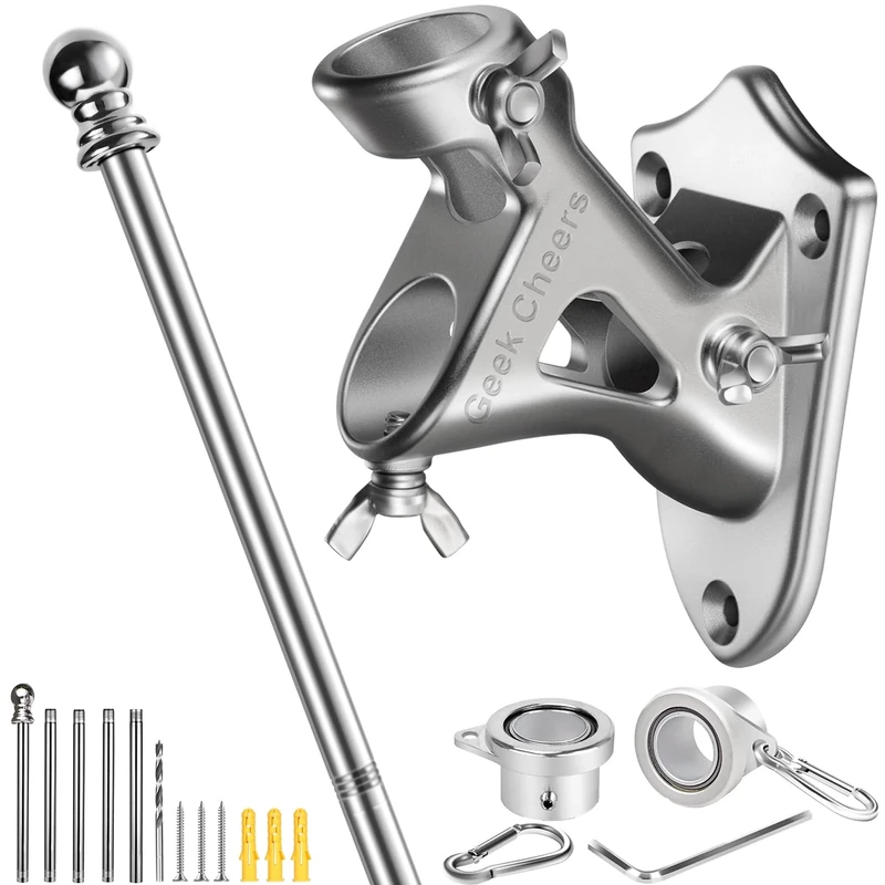 Geek Cheers Stainless Steel Heavy Duty Flag Pole with Flag Bracket, 2 Positions for 1" Flag Pole Wall Mount House & Estate Flag Pole Holder, Rust Free Flag Pole Mount Silver with Drill Bit…