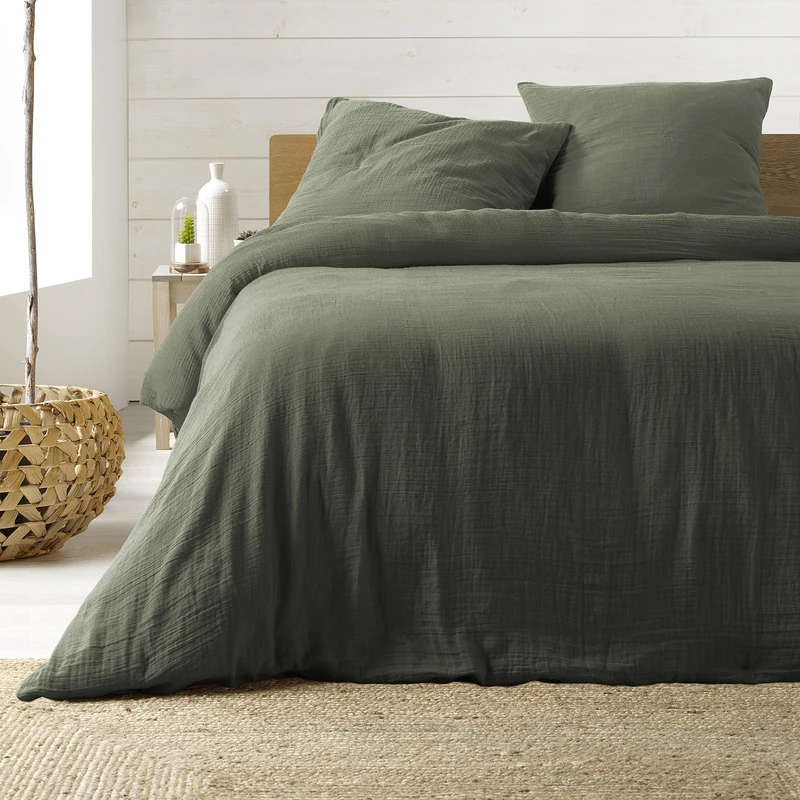 Douceur d'Intérieur, 3-Piece Bedding Set (240 x 220 cm) Angelia Khaki, 1 Face Cotton and 1 Side Cotton Gauze