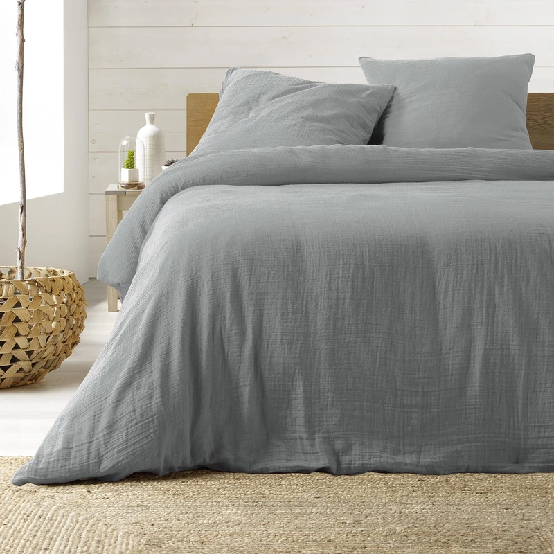 Douceur d'Intérieur, 3-Piece Bedding Set (260 x 240 cm) Angelia Grey, 1 Side Cotton and 1 Side Cotton Gauze
