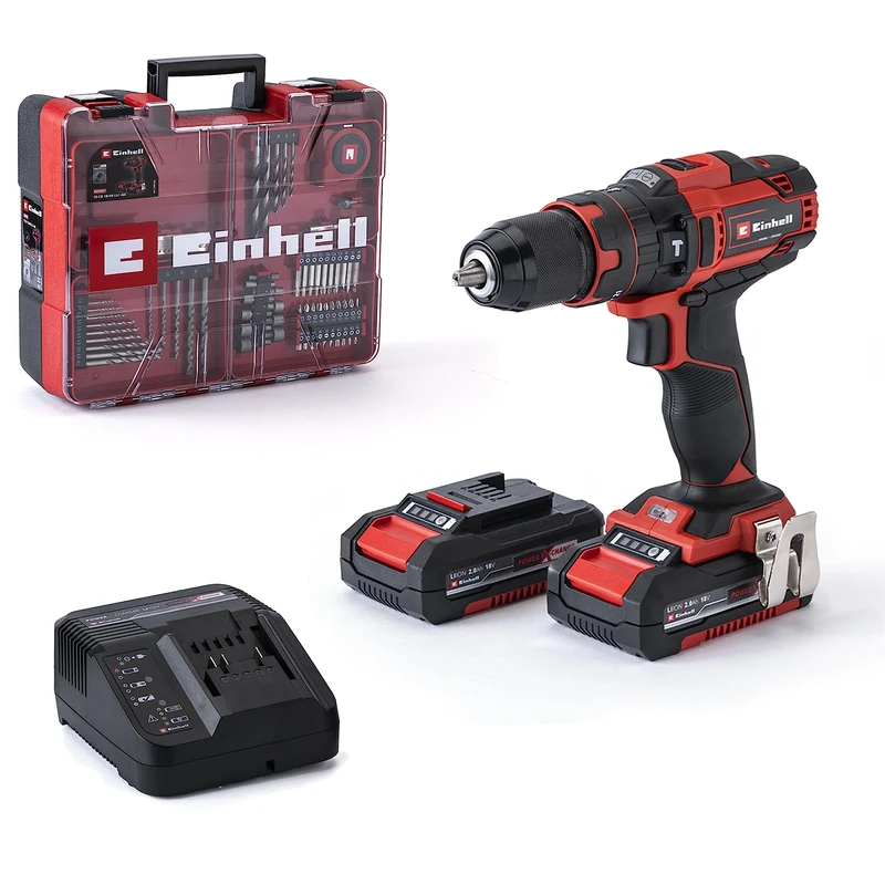 Einhell Cordless Drill Driver with Battery and Charger 18V Power X-Change, 40Nm, 3-in-1 Combi Drill, Hammer Drill and Screwdriver - TE-CD 18/40 Li-i Impact Drill Set with 69 Pc Accessory Kit
