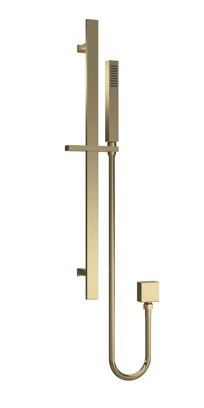 nuie A8167 Shower Modern Bathroom Square Slide Rail Kit with Outlet Elbow, Flex Hose and Single Function Handset, 685mm, Brushed Brass