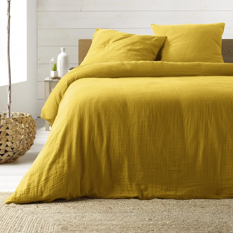 Douceur d'Intérieur, 3-Piece Bedding Set (240 x 220 cm) Angelia Yellow, 1 Face Cotton and 1 Side Cotton Gauze