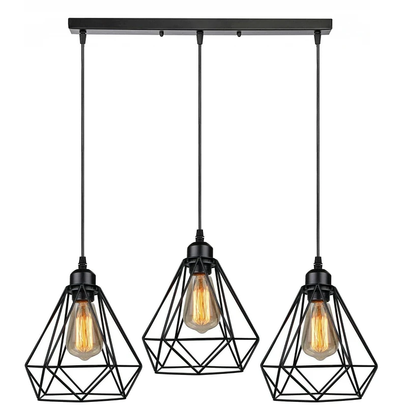 LEDSone Vintage Retro 3 Way Ceiling Pendant Light Cluster Light Fitting Black Diamond Shaped Wire Cage Lampshades, UK E27 Holder Lighting Kit, Black