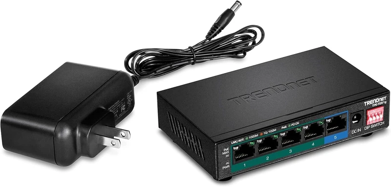 TRENDnet TPE-TG51g 5-Port Gigabit PoE+ Switch, Camera Dip Switch Extends PoE+ 200m (656 Feet), 60W PoE Budget