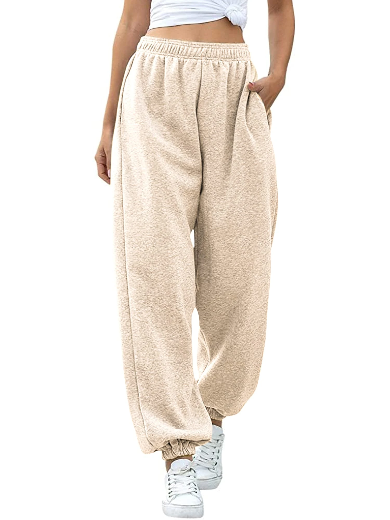 Love My Fashions Women's Plain Gym Sport Jogger Sweatpants & Winters Joggers Pockets Pants and Baggy Elastic Waist Trousers for Casual Hip Hop, Gym and Jogging Cream