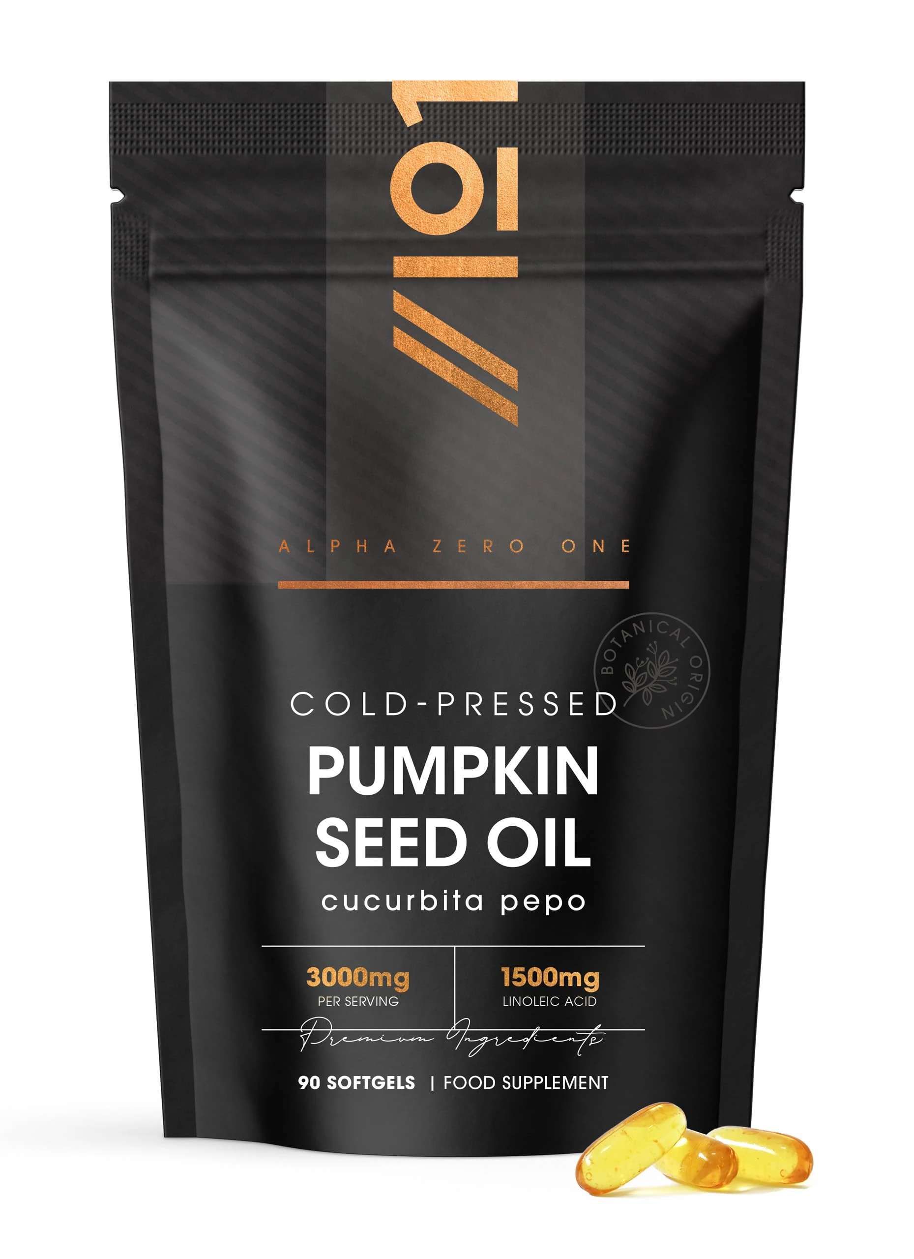 Pumpkin Seed Oil 3000mg – 50% Linoleic Acid – 90 Softgels – 100% Cold Pressed – No Additives – Resealable and Recyclable Pouch by Alpha01