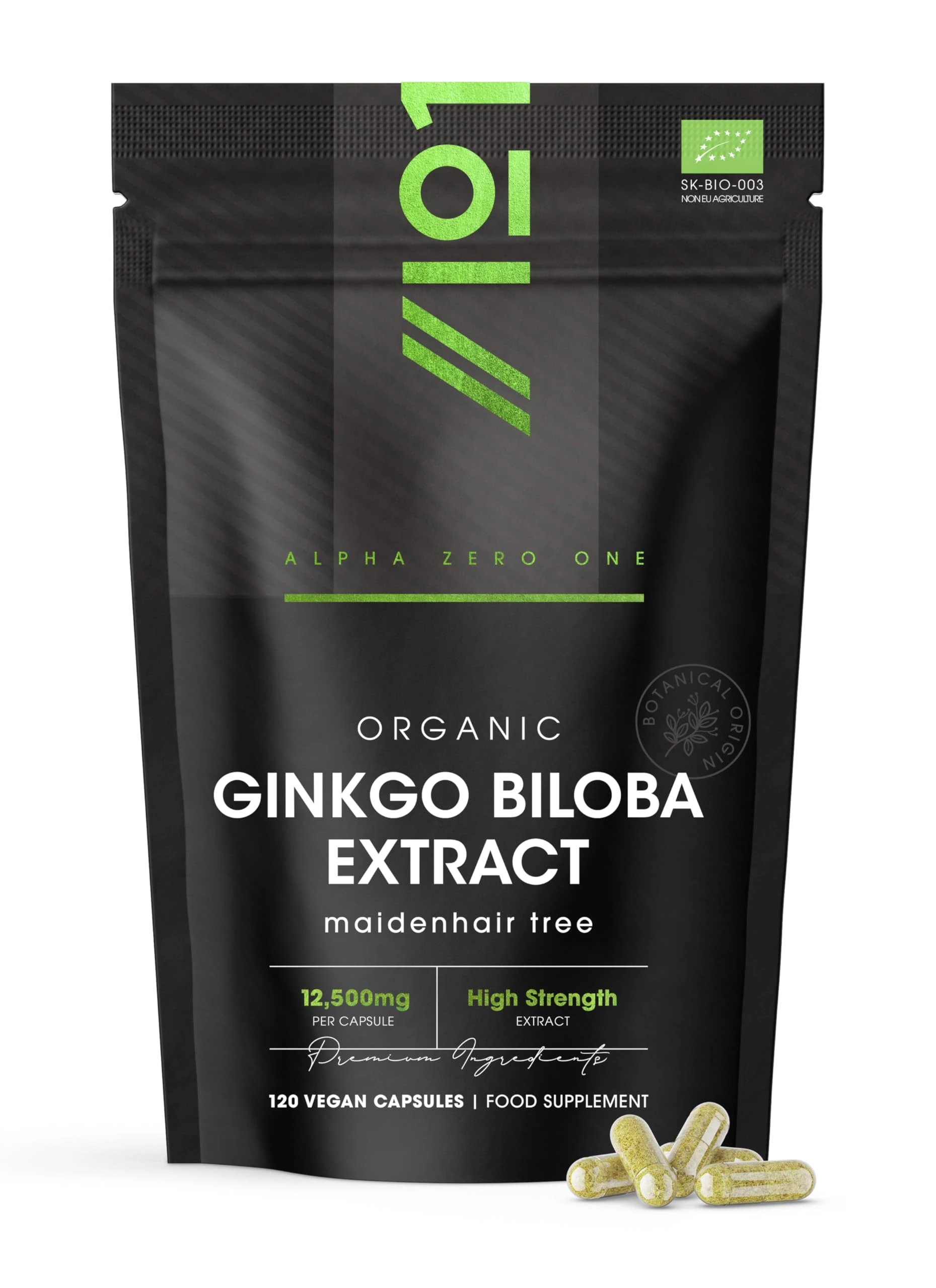 Organic Ginkgo Biloba Extract 12,500mg – High Strength Formula – 120 Vegan Capsules – Resealable and Recyclable Pouch by Alpha01